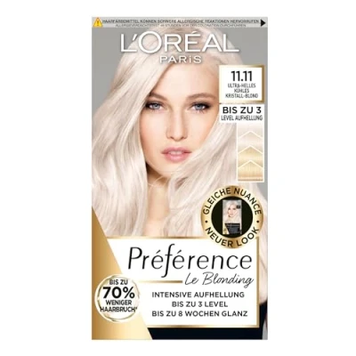 Abbildung von L&#039;Oréal Paris Permanente Haarfarbe zum Blondieren der Haare, Haarfärbeset mit Coloration und Farbglanz Pflegebalsam, Préférence Le Blonding, 11.11 Ultra Helles Kühles Kristall Blond