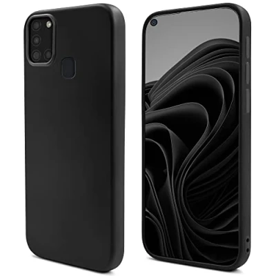 Abbildung von Moozy Lifestyle. Hülle für Samsung A21s, Schwarz Silikon Handyhülle Schutzhülle mit Mattem Finish und Weichem Mikrofaserfutter