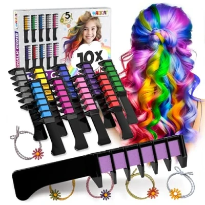 Abbildung von Magicat Haarkreide für Mädchen Set I 10 auswaschbare Farben &amp; 5 Haargummis Geschenk 4 Jahre bis Kreatives Mitgebsel Kindergeburtstag (YEAR) Sicher und Farbenfroh