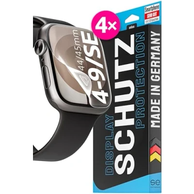 Abbildung von S.E für Apple Watch 9/8/7/SE 44mm &amp; 45mm Schutzfolie 4x Folien im SET aus Deutschland, inkl. Installationshilfe, staubfrei blasenfrei, Series Folie TPU, Full Screen, 100% Passgenau Klar