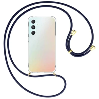 Abbildung von mtb more energy® Handykette kompatibel mit Samsung Galaxy S23 FE dunkelblau/Goldfarbene Ösen Smartphone Hülle zum Umhängen Anti Shock Full TPU Case