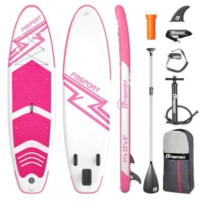 Abbildung von FBSPORT Aufblasbares SUP Board, Stand Up Paddling Aufblasbare Paddle Board für 15CM Dick, Surfbrett Kit mit Verstellbares Aluminium Paddel+Pumpe(Pink)