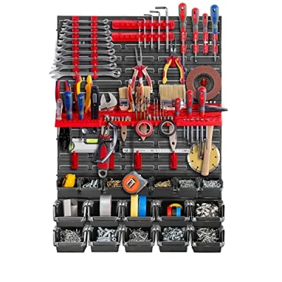 Abbildung von KADAX Werkstattwandregal, 58x78cm Lagersystem aus robustem Kunststoff, UV Resistentes Werkstattregal, Erweiterbare Wandplatten, Schüttenregal für Garage (Schwarz&amp;Rot, 38 TLG.)
