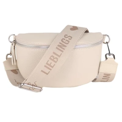 Abbildung von MIRROSI® Bauchtasche Damen, Echtleder, Made in Italy, Umhängetasche, Brusttasche, Crossbody Bag (1 Tasche &amp; 2 Gurte) (Beige (Liebling Beige), Mittelgroße (25x16x7cm))