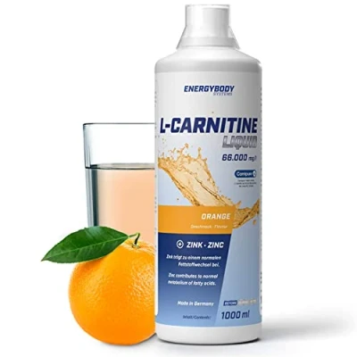 Abbildung von Energybody L Carnitine Liquid mit Zink, Carnitin hochdosiert flüssig, Dosierbecher, 1000 ml, Orange Geschmack