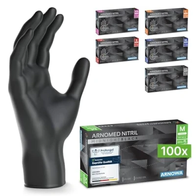 Abbildung von ARNOMED Einweghandschuhe 100 Stück/Box, Schwarze Nitrilhandschuhe M, puderfrei &amp; latexfrei, Einmalhandschuhe, Handschuhe in Gr. XS, S, L, XL XXL verfügbar