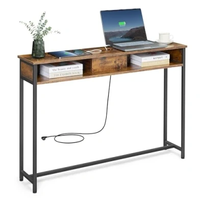 Abbildung von VASAGLE Konsolentisch mit Steckdosen, Beistelltisch 2 Fächern, schmal, 25 x 120 81 cm, platzsparend, für Eingangsbereich, Wohnzimmer, vintagebraun tintenschwarz LNT111K01