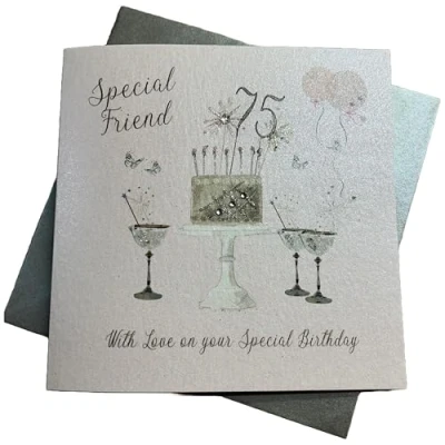 Abbildung von WHITE COTTON CARDS Geburtstagskarte zum 75. Geburtstag, Motiv: Champagnergläser, rosa Rosen, SS42 SF75, 16 x cm