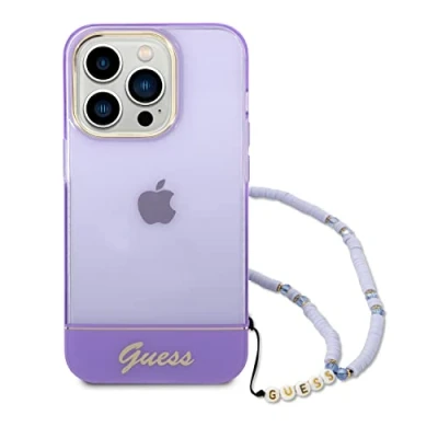 Abbildung von Guess Handyhülle für iPhone 14 Pro in Lila Durchscheinend mit Band Anti Scratch PC/TPU Bequem &amp; Langlebig Hard Case Zugänglichen Anschlüssen Stoßdämpfung Signature Logo