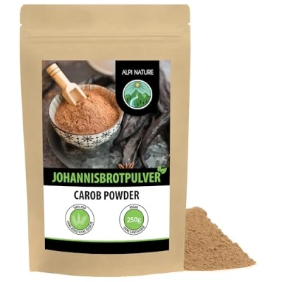 Abbildung von Carobpulver 250g von Alpi Nature, Johannisbrotschoten getrocknet und gemahlen, natürlicher Süßstoff für Gebäck, Desserts Carob Schokolade, Johannisbrotmehl, Johannisbrotpulver Dunkel