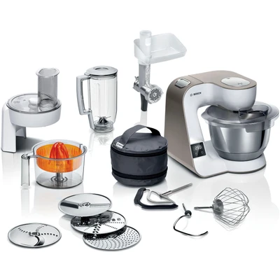 Abbildung von BOSCH Küchenmaschine &quot;Serie 4 MUM5XW40, integr. Waage, Durchlaufschnitzler, weiß/champagner&quot;, Scheiben, Mixer, Fleischwolf, Zitruspresse, Profi Patisserie Set