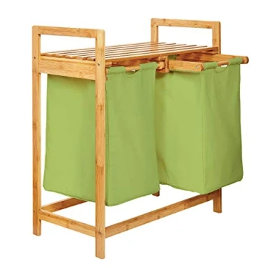 Abbildung von Lumaland Ausziehwäschekorb Bambus mit 2 ausziehbaren Wäschesäcken 73x64x33cm, Wäschesammler Deckel, Pflegeleichtes Material,  leicht abwischbar