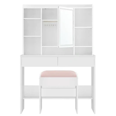Abbildung von VASAGLE Schminktisch mit Beleuchtung, einstellbare Helligkeit, Hocker, Frisiertisch Spiegel, Kosmetiktisch verstellbaren Ablagen, 2 Schubladen, modern, wolkenweiß und pastellrosa RDT723W01
