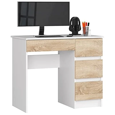 Abbildung von AKORD Computertisch Schreibtisch 4 Schubladen Komfort Hohe Qualität Solide Für Zuhause das Büro Ergonomie die Arbeit B90 x H77 T50 cm Weiß &amp; Sonoma Eiche Front