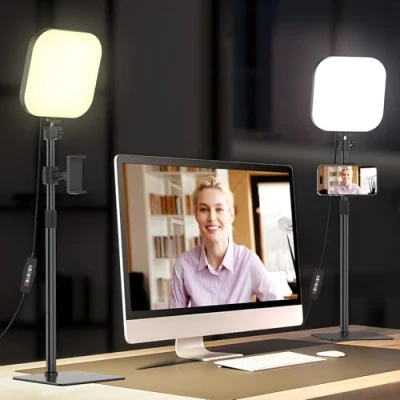 Abbildung von Mojimdo 180 LED Videolicht mit Handyhalter, Videoleuchte 3 Farben &amp; 5 Helligkeitsstufen, USB betriebenes Key Licht für Videokonferenzen, Zoom Meetings, Live Streaming 2er Pack