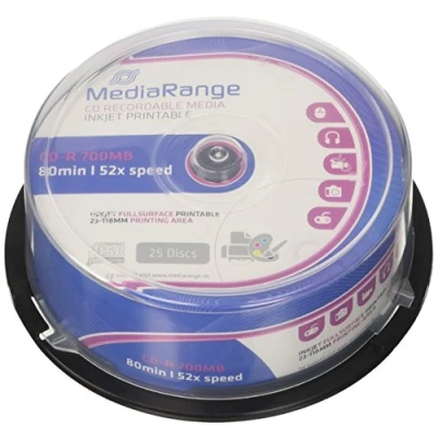Abbildung von MediaRange CD R 700MB80min 52 fache Schreibgeschwindigkeit, vollflächig bedruckbar (Tintenstrahldrucker), 25er Cakebox