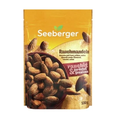 Abbildung von Seeberger Rauchmandeln geröstet &amp; gesalzen 12er Pack: Geröstete Mandeln mit salziger Note und intensivem Raucharoma im praktischen Zip Beutel, vegan (12 x 150 g)
