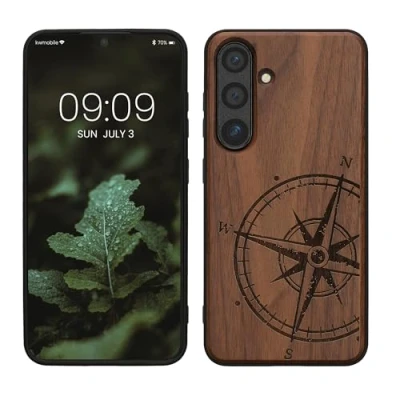 Abbildung von kwmobile Hülle kompatibel mit Samsung Galaxy S24 Holz Case Handy Cover TPU Handyhülle in Dunkelbraun Kompass Vintage