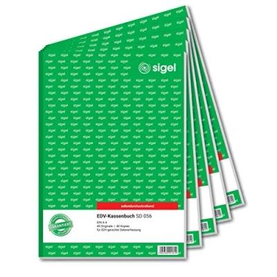 Abbildung von SIGEL SD056/5 Kassenbuch EDV A4, 2x40 Blatt, selbstdurchschreibend, 5er Pack, mikroperforiert, mit Abheftlochung, aus nachhaltigem Papier