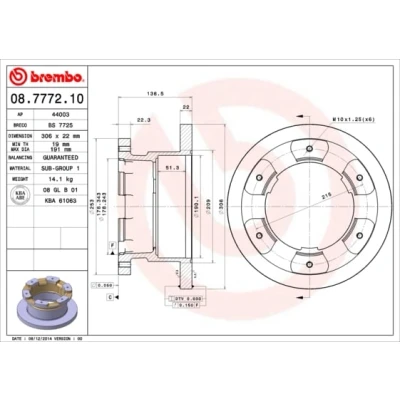 Abbildung von BREMBO 08.7772.10 Bremsscheibe 306 22 6 voll IVECO: DAILY 3 Pritsche/Fahrgestell, Kasten/Kombi