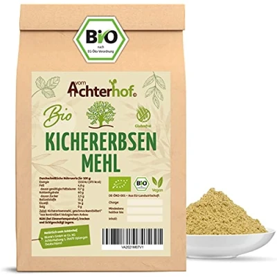 Abbildung von Kichererbsenmehl BIO 250g geschmacksentbittertes Mehl glutenfreie Alternative zu Weizenmehl höchste Bioqualität leicht nussiger Geschmack ideal für die vegane Küche vom Achterhof