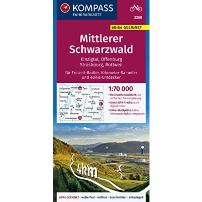 Abbildung von KOMPASS Fahrradkarte 3368 Mittlerer Schwarzwald, Kinzigtal, Offenburg, Strasbourg 1:70.000: reiß und wetterfest mit Extra Stadtplänen