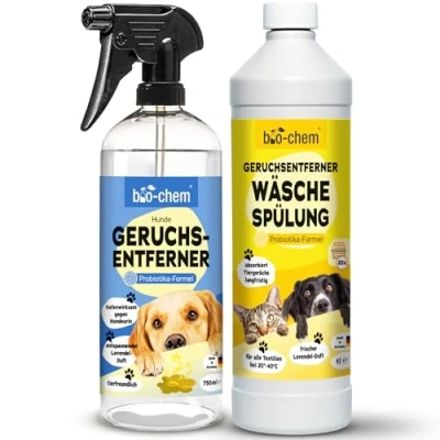 Abbildung von bio chem Geruchsentferner Set Hunde Spray 750 ml + Wäschespülung 1L Mikrobiologisch &amp; effektiv Gegen Tiergeruch auf Textilien Oberflächen