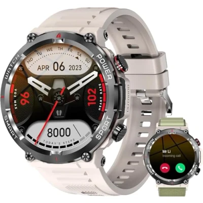 Abbildung von IOWODO Smartwatch Herren mit Telefonfunktion,1,39&#039;&#039; Fitnessuhr Herzfrequenz SpO2 Schrittzähler Schlafmonitor, 100 Sportmodi, IP68 Wasserdicht Aktivitätstracker, Sportuhr für iOS Android, Khaki