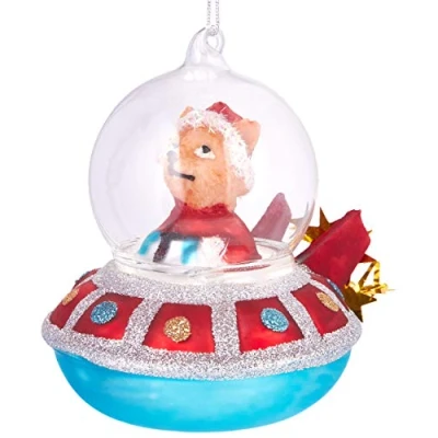 Abbildung von BRUBAKER Hund im Sternen UFO Rot Handbemalte Weihnachtskugel aus Glas Mundgeblasener Christbaumschmuck Figuren lustig Deko Anhänger Baumkugel 10 cm