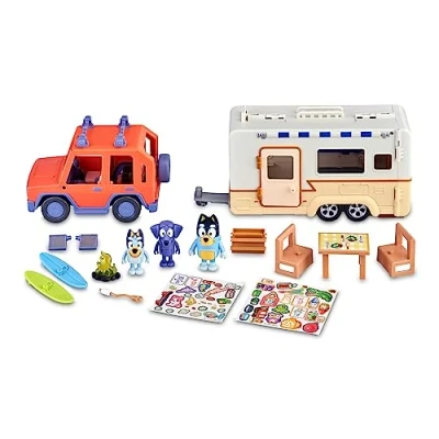 Abbildung von Bluey Familienset Cruiser + Campervan, Playset, Auto Set der Familie, Wohnmobil, mit 3 Figuren, 10 Zubehörteilen und dekorativen Aufklebern, Jahre Berühmt (BLY53000)