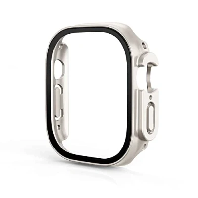 Abbildung von mtb more energy Hülle kompatibel mit Apple Watch 9, 8, 7 (45mm) Starlight Silver integrierter Displayschutz aus gehärtetem Glas Rundum Schutz Bumper Gehäuse Schutzhülle Tempered Glass