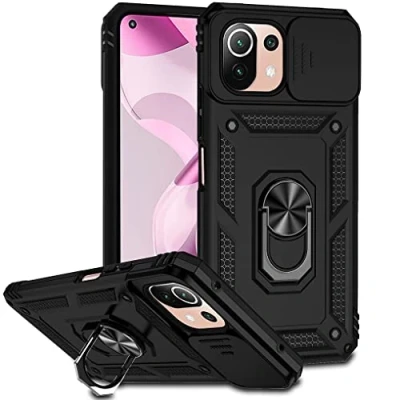 Abbildung von SEEKO Hülle für Xiaomi 11 Lite 5G NE/Xiaomi Mi (4G/5G), Militär Robust Handyhülle Stoßfest Silikon TPU + PC Case Schutzhülle mit Kameraschutz und 360 Grad Ring Ständer Schwarz
