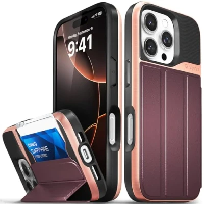 Abbildung von VENA vCommute Brieftaschen Schutzhülle, kompatibel mit Apple iPhone 16 Pro (6,3 Zoll), Fallschutz in Militärqualität, Klappetui, Kartenschlitz, Halter Ständer, Roségold/Rot