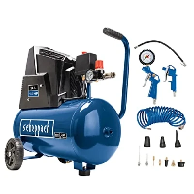 Abbildung von Scheppach Kompressor HC25o (1100W, 24 L,8 bar, Ansaugleistung 165 l/min, Druckminderer, ölfrei) inkl. 13 teiligem Druckluft Werkzeug Set + 5 m Spiralschlauch