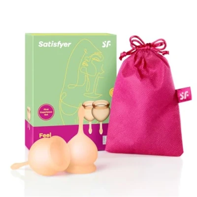 Abbildung von Satisfyer, Menstruationstasse, &#039;Feel Good Menstrual Cup Set&#039;, 2 Stück, 15 &amp; 20 ml, wiederverwendbar, nachhaltig, einfache Reinigung, Farbe:orange