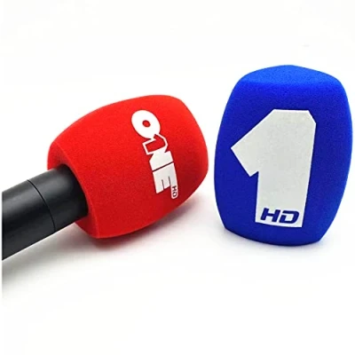 Abbildung von 2 Packungen beflockte Mikrofon Schaumstoff Windschutzscheibe, individuelles Logo für Handinterview Mikrofonabdeckungen, 40 mm Öffnung, Universal Mikrofone, Rot