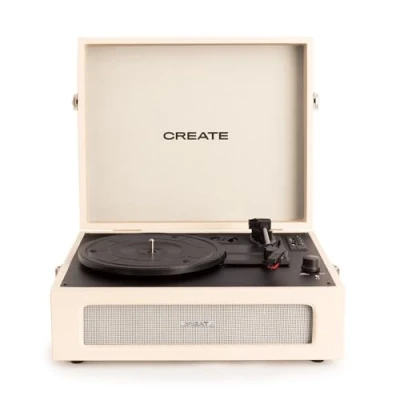 Abbildung von CREATE/Record Player COMPACT/Tragbarer Koffer Plattenspieler in Creme/Mit Bluetooth USB, SD, MicroSD und Mp3, Retro Stil