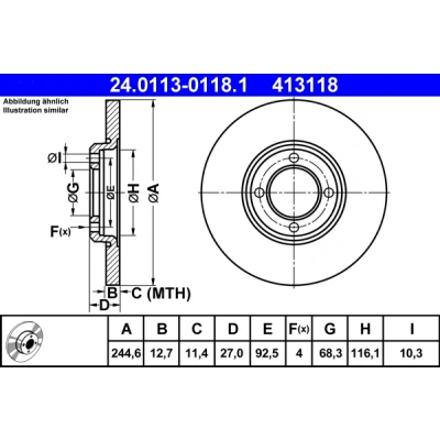 Abbildung von ATE 24.0113 0118.1 Bremsscheibe 244,6 12,7 4 92,5 voll FORD: Capri III,