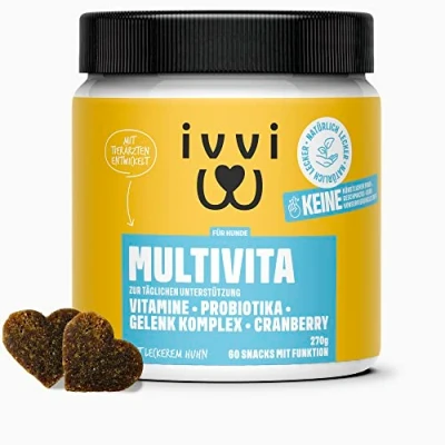 Abbildung von ivvi Multivitamin für Hunde als Leckerli Rundumversorgung mit Probiotika, B Vitamine, Omega 3, Grünlippmuschel, Cranberry 60 Snacks (270g) Huhn