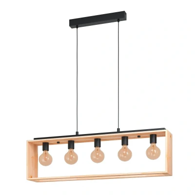 Abbildung von Eglo 43414 Hängeleuchte FAMBOROUGH Stahl schwarz, Holz natur E27 5X40W L:100cm B:16cm H:110cm dimmbar