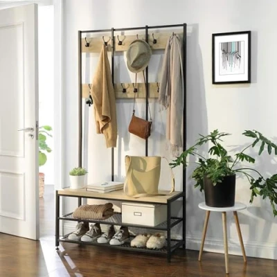 Abbildung von ACAZA Garderobenständer mit 9 Gaderobenhaken und Schuhregal Sitzfläche, Flurgarderoben Set aus Vintage Holz Metal im Industrial Design, Kleiderständer Maße B 100 x H 186 T 40 cm