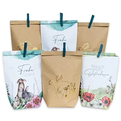 Abbildung von Papierdrachen 12 Bedruckte Geschenktüten zu Ostern Aquarell mit Goldfolierung ideale Geschenkidee oder Oster Dekoration Holzklammern Osternest zum Basteln und Verschenken Set 8