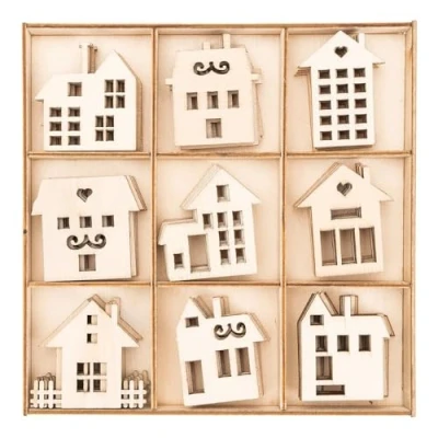Abbildung von Ideen mit Herz Streu Deko aus Holz Motive Häuser 2 Tisch Inklusive Box 9 versch. Designs, je 7 Stück 63 teilig
