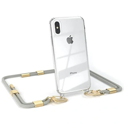 Abbildung von EAZY CASE kombinierbare Handyketten kompatibel mit iPhone X/XS, Transparente Silikon Hülle stylischen rundem Umhängeband, Abnehmbarer Karabiner, Hülle, Gurt zum wechseln, Taupe Clips Gold