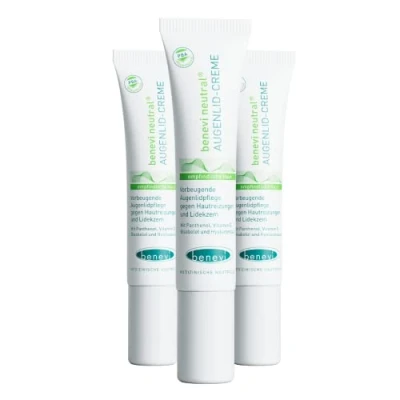 Abbildung von benevi Augenlid Creme 3 x 15ml für trockene, empfindliche Augenlider. Kein Fettfilm. Auch als tägliche Augenlidpflege bei zu Lidekzemen, Neurodermitis oder Rosacea neigender Haut.
