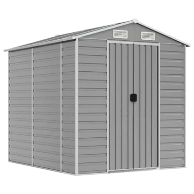 Abbildung von vidaXL Gerätehaus, Gartenhaus mit Schrägdach Griffe, Gartenschuppen Schuppen Stauraum, Geräteschuppen Metallschuppen, Hellgrau 191x215x198 cm Verzinkter Stahl