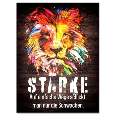 Abbildung von wandmotiv24 Leinwandbild Motivation, Hochformat, Löwe Stärke Holz M0028