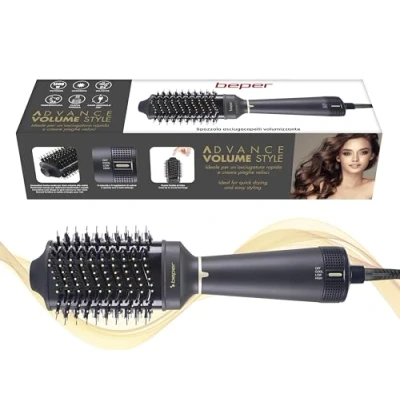 Abbildung von BEPER P301PIS102 Volumising Haartrockner Bürste, 1200W, Bürste zum Glätten, Volumisieren und Locken, 3 Temperaturstufen 2 Geschwindigkeiten, ergonomischer Griff drehbares Kabel, Schwarz