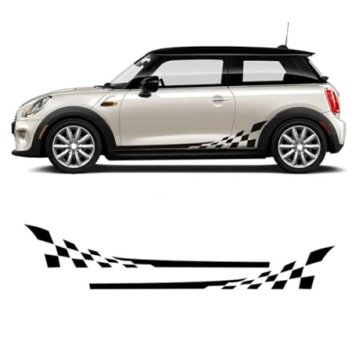 Abbildung von 2 Stück Türseitenstreifen Aufkleber, Karierter Rock, Karosserieaufkleber, für Mini Cooper S One R56 R57 R50 R52 R53 F55 F56 F57 JCW Zubehör