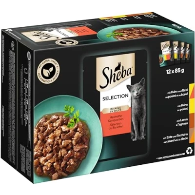 Abbildung von Sheba Katzennassfutter Selection in Sauce, 48 Portionsbeutel, 12x85g (4er Pack) Katzenfutter nass, Herzhafte Komposition Sauce für ausgewachsene Katzen